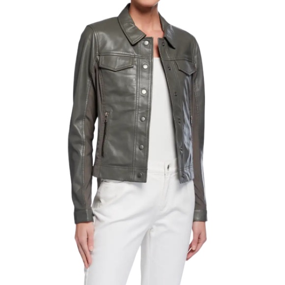 New! Anatomie Quinny Lambskin Leather Jacket Sage Green Mesh Size Medium.